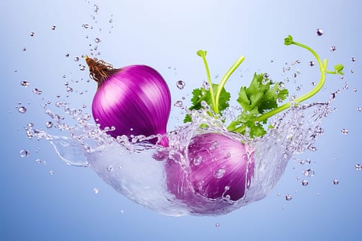 Red onion variety with water splashes on a blue background. High quality photo