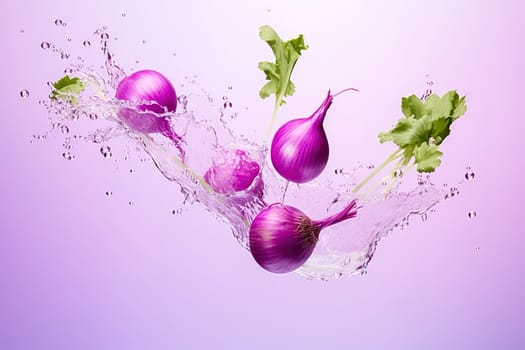 Red onion variety with water splashes on a blue background. High quality photo