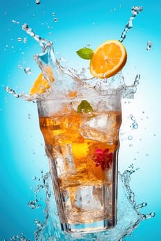 Tea with ice cubes and lemon, with splashes of water. High quality photo