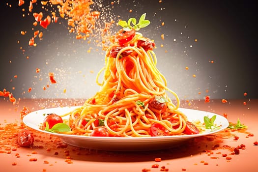 Spaghetti with tomato sauce in a bowl. Levitation. High quality photo