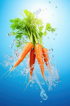 Young carrot with water splash on a blue background. High quality photo