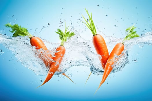 Young carrot with water splash on a blue background. High quality photo