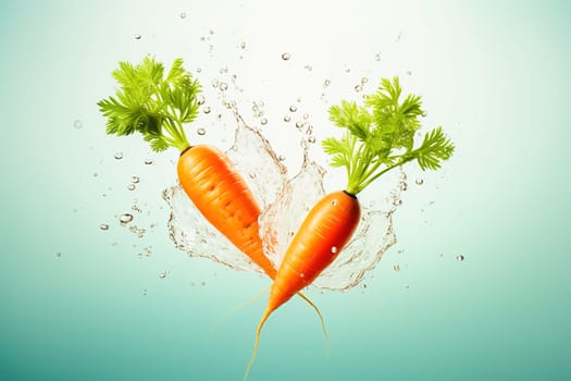 Young carrot with water splash on a blue background. High quality photo