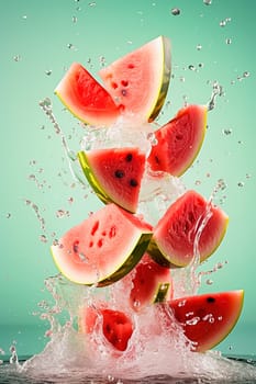 Sliced pieces of juicy watermelon with splashes of water. Levitation. High quality photo