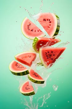 Sliced pieces of juicy watermelon with splashes of water. Levitation. High quality photo