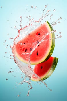 Sliced pieces of juicy watermelon with splashes of water. Levitation. High quality photo