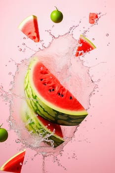 Sliced pieces of juicy watermelon with splashes of water. Levitation. High quality photo