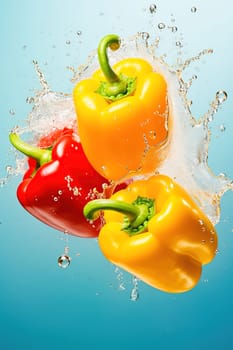 Red, yellow and green peppers with water splashes. Levitation. High quality photo