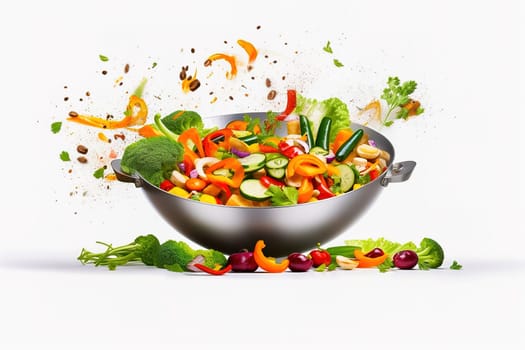 Vegetable salad in a plate scatters in the air. Levitation. High quality photo