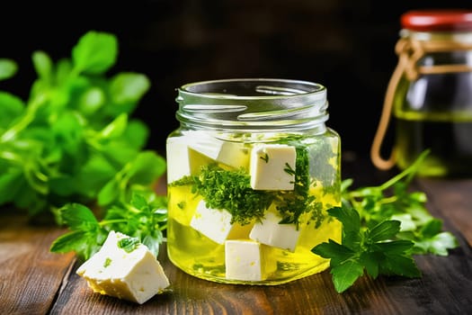 Cubes of cheese in olive oil with spices, in a glass jar. High quality photo