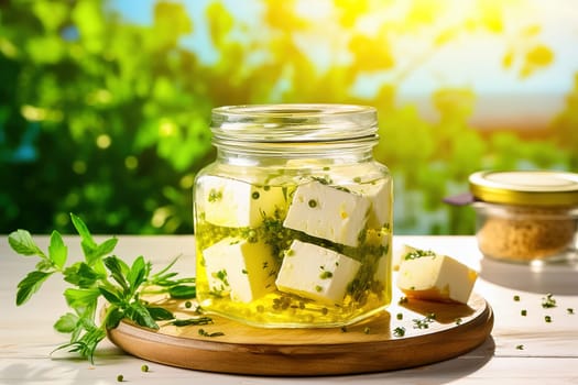 Cubes of cheese in olive oil with spices, in a glass jar. High quality photo