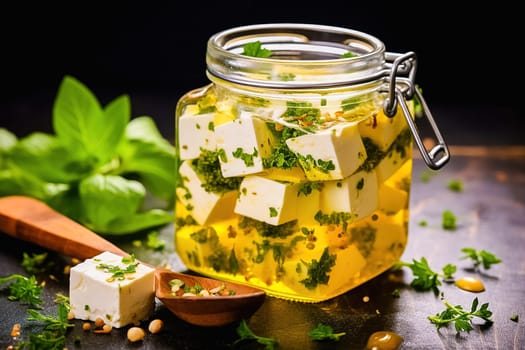 Cubes of cheese in olive oil with spices, in a glass jar. High quality photo