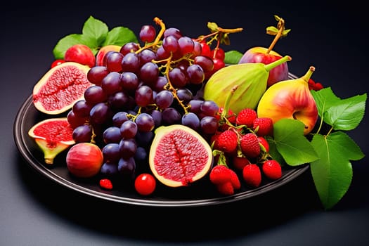 Fruit salad of figs, grapes and berries in a plate on a dark background. High quality photo