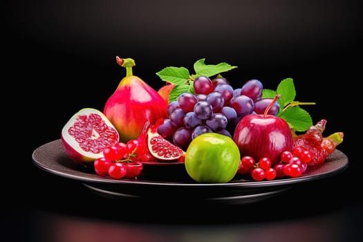 Fruit salad of figs, grapes and berries in a plate on a dark background. High quality photo