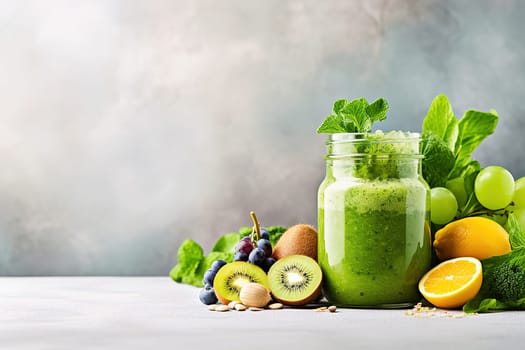 Glass jar filled with green spinach and kale smoothie for healthy nutrition. High quality photo