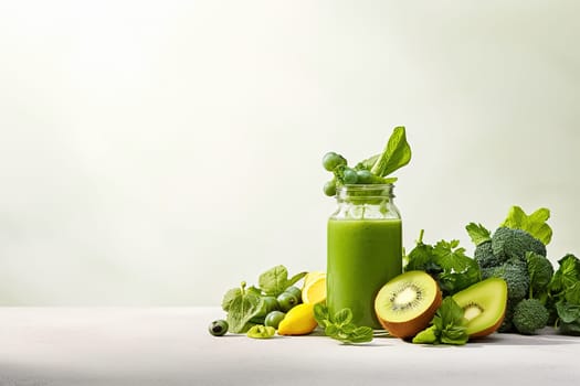 Glass jar filled with green spinach and kale smoothie for healthy nutrition. High quality photo