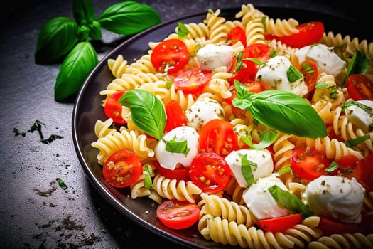 Macaroni with cheese and cherry tomatoes in a black plate. High quality photo