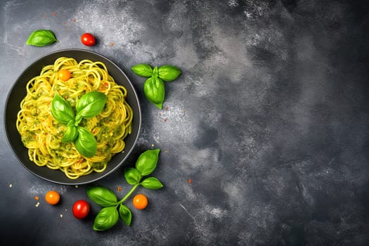 Spaghetti with cheese in a black plate with space to insert text. View from above. High quality photo