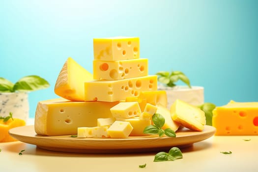 Assorted pieces of hard cheese in a plate. High quality photo
