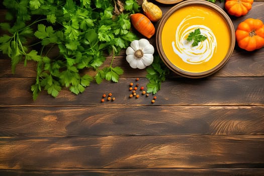 Pumpkin soup with greens empty space to insert text. View from above. High quality photo