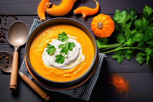 Pumpkin soup with greens empty space to insert text. View from above. High quality photo