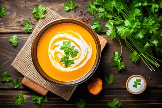 Pumpkin soup with greens empty space to insert text. View from above. High quality photo