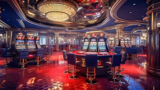 Casino interior with slot machines and roulette tables. High quality photo