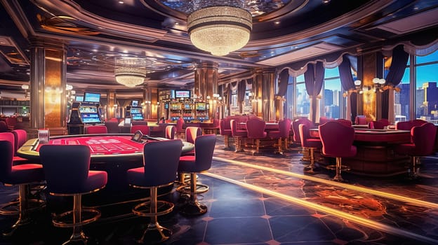Casino interior with slot machines and roulette tables. High quality photo