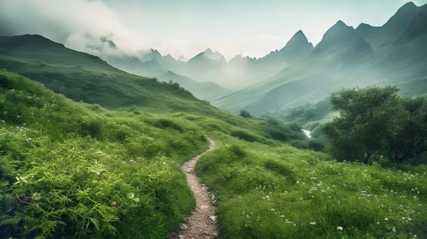 Landscape photography beautiful mountains valleys, in the style of romantic soft focus and ethereal light, generative AI