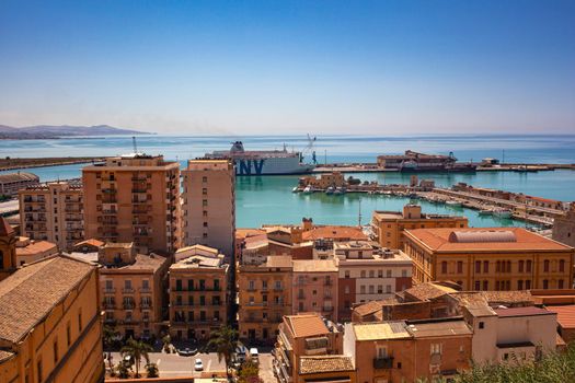 Porto Empedocle, Italy - July 22: View of the GNV Allegra quarantine ship parked in the porto Empedocle dock on July 22, 2021