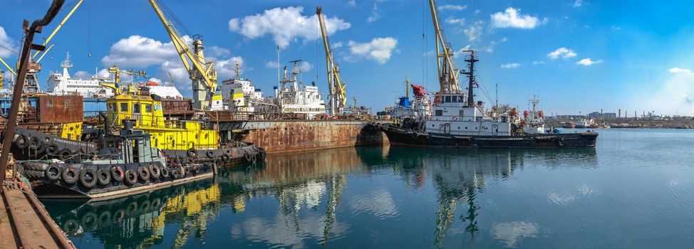 Chernomorsk, Ukraine. 21.03.2021. Tugboats in the Chernomorsk Shipyard on a sunny spring day