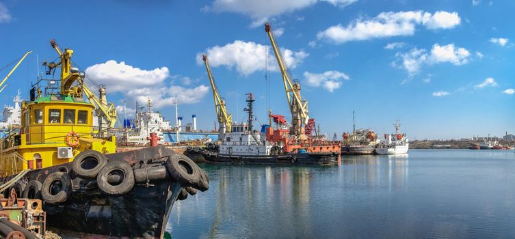 Chernomorsk, Ukraine. 21.03.2021. Tugboats in the Chernomorsk Shipyard on a sunny spring day