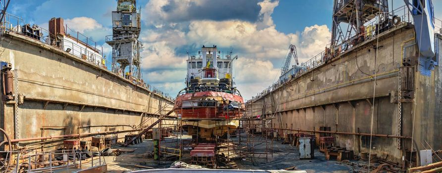 Chernomorsk, Ukraine. 21.03.2021. Large dry dock of the Chernomorsk Shipyard on a sunny spring day