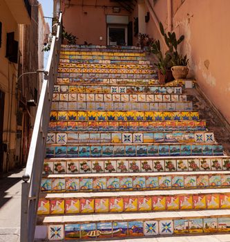 View of a staircase decorated with typical Sicilian ceramic tiles, Porto Empedocle. Sicily