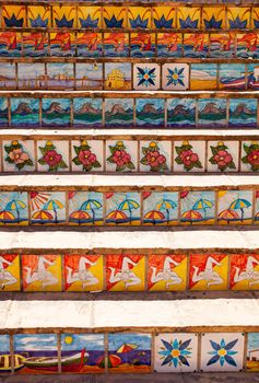 View of a staircase decorated with typical Sicilian ceramic tiles, Porto Empedocle. Sicily