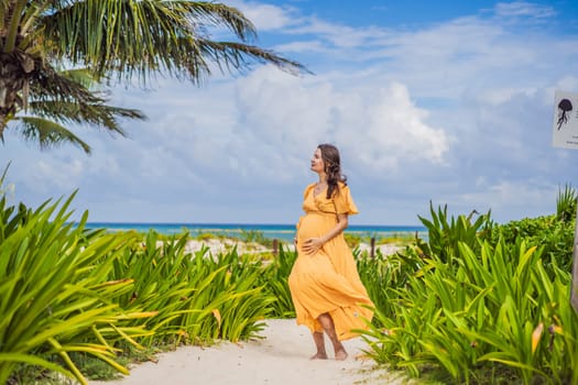 A radiant pregnant woman after 40 basking in the sun's warmth on a tropical beach, cherishing the serenity and bliss of her pregnancy journey.