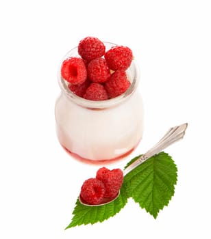 Fresh Yogurt in a jar with Raspberries, leaves on white background