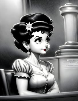 Retro pretty girl sitted at a trial in black and white - Generative AI