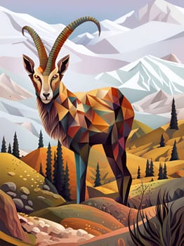 Fantasy alpine ibex with beautiful horns standing in the moutain by day - Generative AI