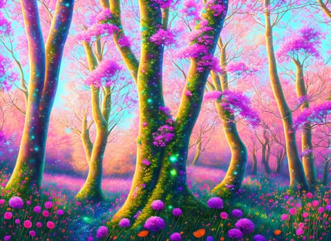 Pink fantasy forest with flowers by day - Generative AI