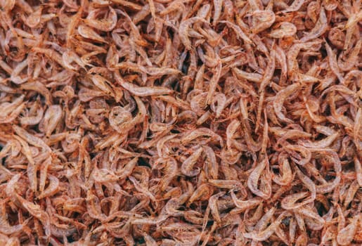 Plenty of dry shrimp background market for sell. Close-up pile texture detail bright light pink pale tone.