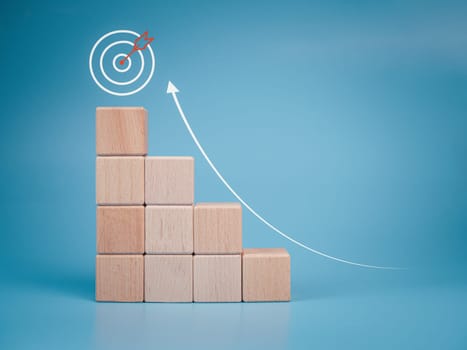 Wood cube block stacking with icon.Concept of business strategy and goal action plan. 