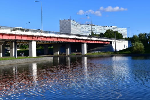 Automobile bridge across river Skhodnya to Zelenograd in Moscow, Russia