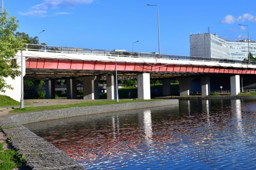 Automobile bridge across river Skhodnya to Zelenograd in Moscow, Russia