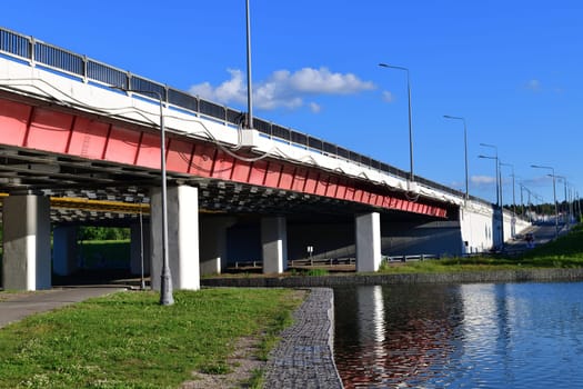 Automobile bridge across river Skhodnya to Zelenograd in Moscow, Russia