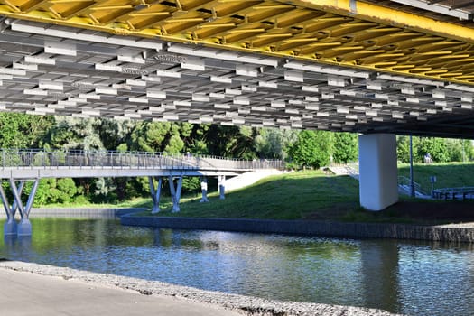 Moscow, Russia - July 30. 2023. Automobile bridge across river Skhodnya to Zelenograd