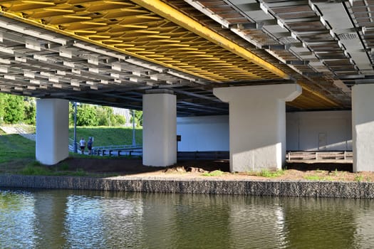 Moscow, Russia - July 30. 2023. Automobile bridge across river Skhodnya to Zelenograd