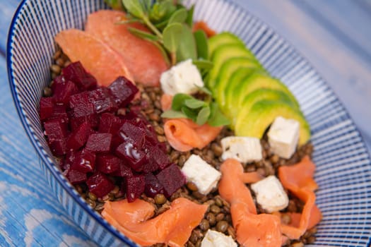 RECIPE SUMMER SALAD LENTILS AVOCADO SALMON, BEET CHEESE PURSLANE, GRAPEFRUIT,High quality photo