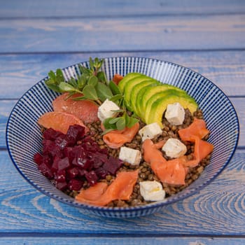 RECIPE SUMMER SALAD LENTILS AVOCADO SALMON, BEET CHEESE PURSLANE, GRAPEFRUIT,High quality photo