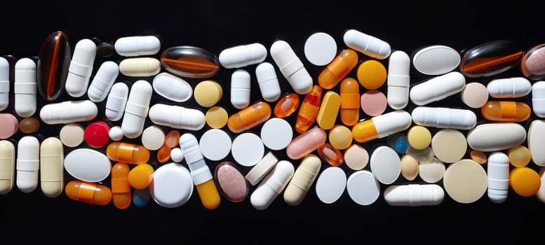 Heap of various pills. Medicine background. A wide variety of medical treatments. Tablets, pills and capsules.